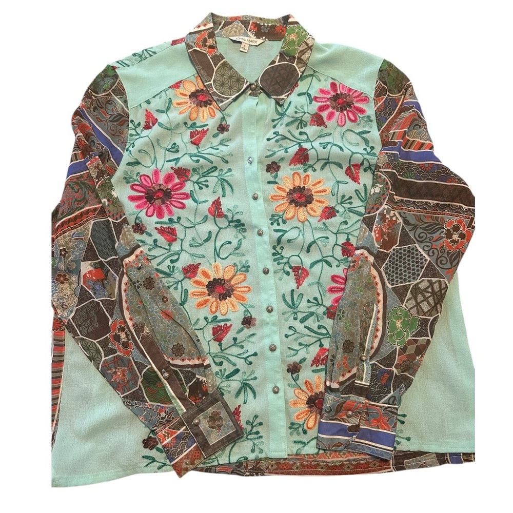John Mark Teal Floral Long Sleeve Blouse - Picture 2 of 16
